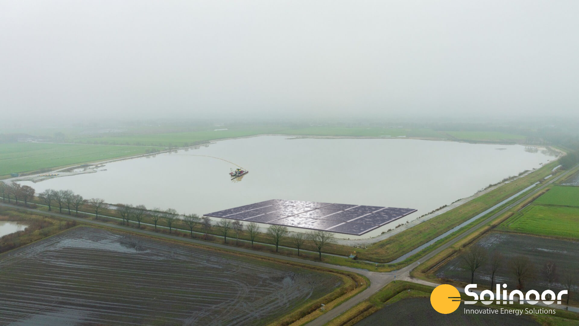 Ellertshaar zandwinning drijvend zonnepark 3D drone-view, Drenthe, Nederland