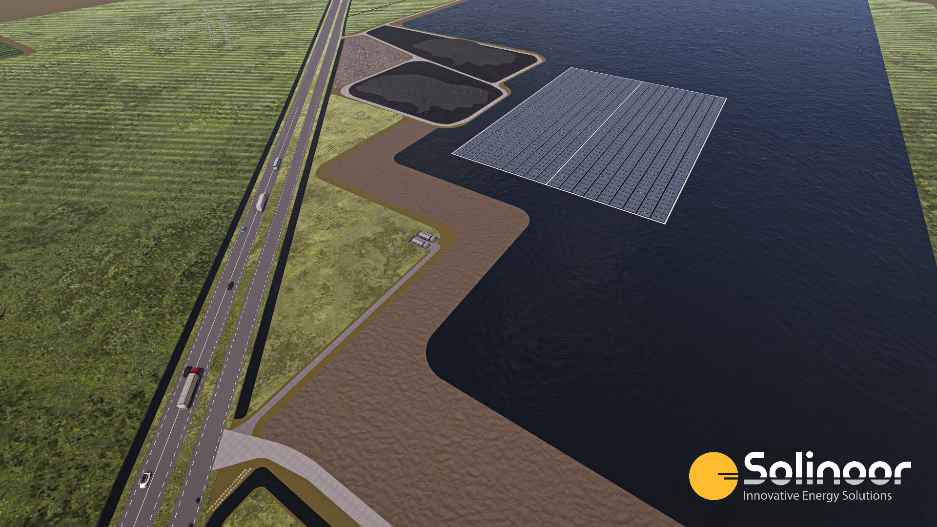 Drijvend zonnepark Overijssel bovenaanzicht 3D render