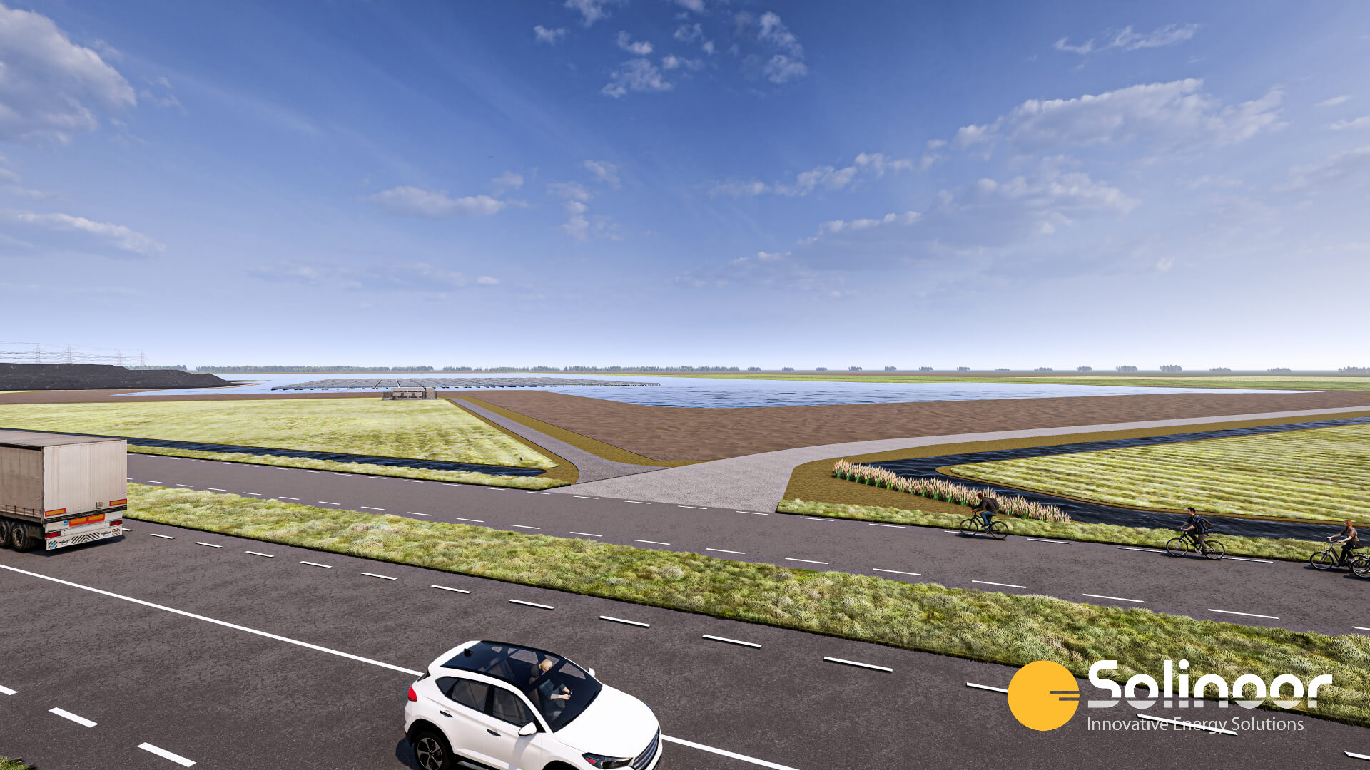 Drijvende zonnepark Overijssel aanzicht vanaf de weg 3D render